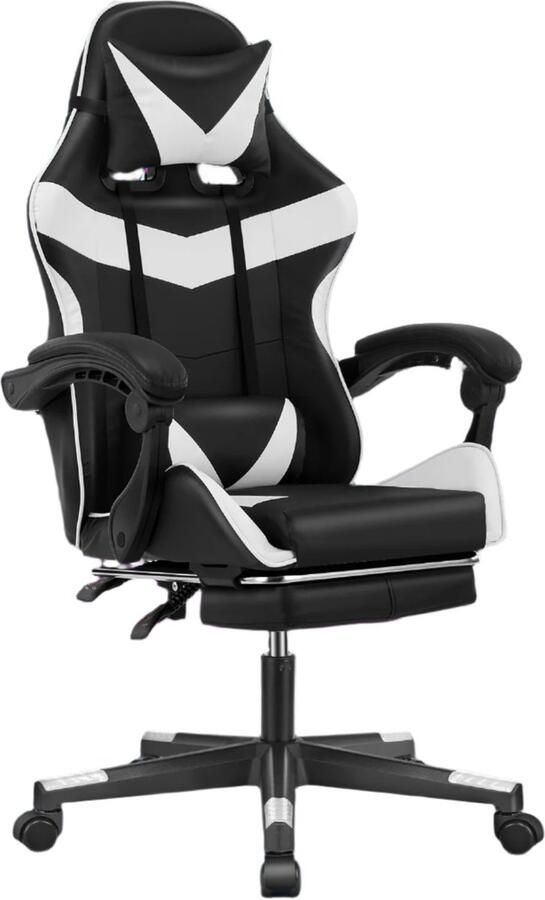 Gaming Stoel Massage Gaming Stoel Bureaustoel Swivel Stoel met Voetsteun Hoofdsteun Verstelbare Rugleuning 6-puntsmassage Ergonomische Draaibare 59 x 68 115-125 Zwart & Wit
