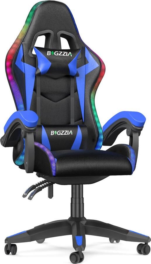 BIGZZIA Gaming stoel met LED lichteffecten Ergonomische Bureaustoel Verstelbare rugleuning LED Gaming stoel met lendensteun en hoofdsteun Blauw
