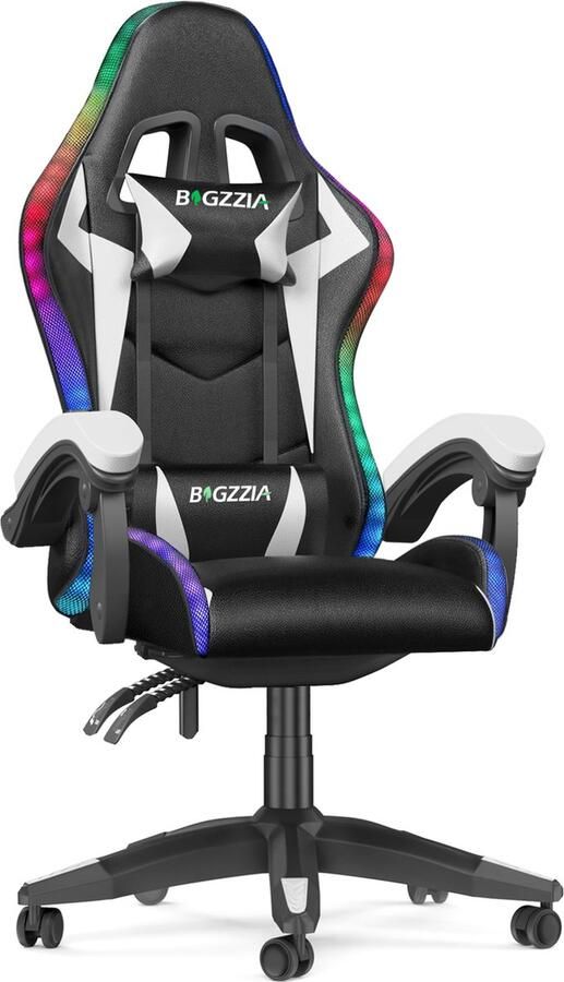 BIGZZIA Gaming stoel met LED lichteffecten Ergonomische Bureaustoel Verstelbare rugleuning LED Gaming stoel met lendensteun en hoofdsteun Zwart en wit
