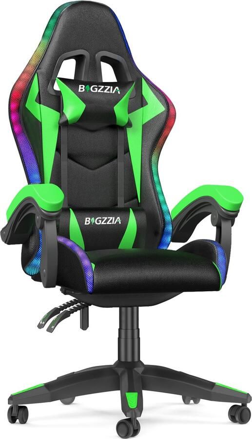 BIGZZIA Gaming stoel met LED lichteffecten Ergonomische Bureaustoel Verstelbare rugleuning LED Gaming stoel met lendensteun en hoofdsteun Zwart en Groen