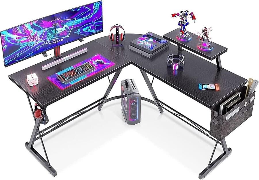 Gaming tafel computertafel gamingbureau met ronde hoek gamingtafel met monitorplank 127 x 127 cm zwart