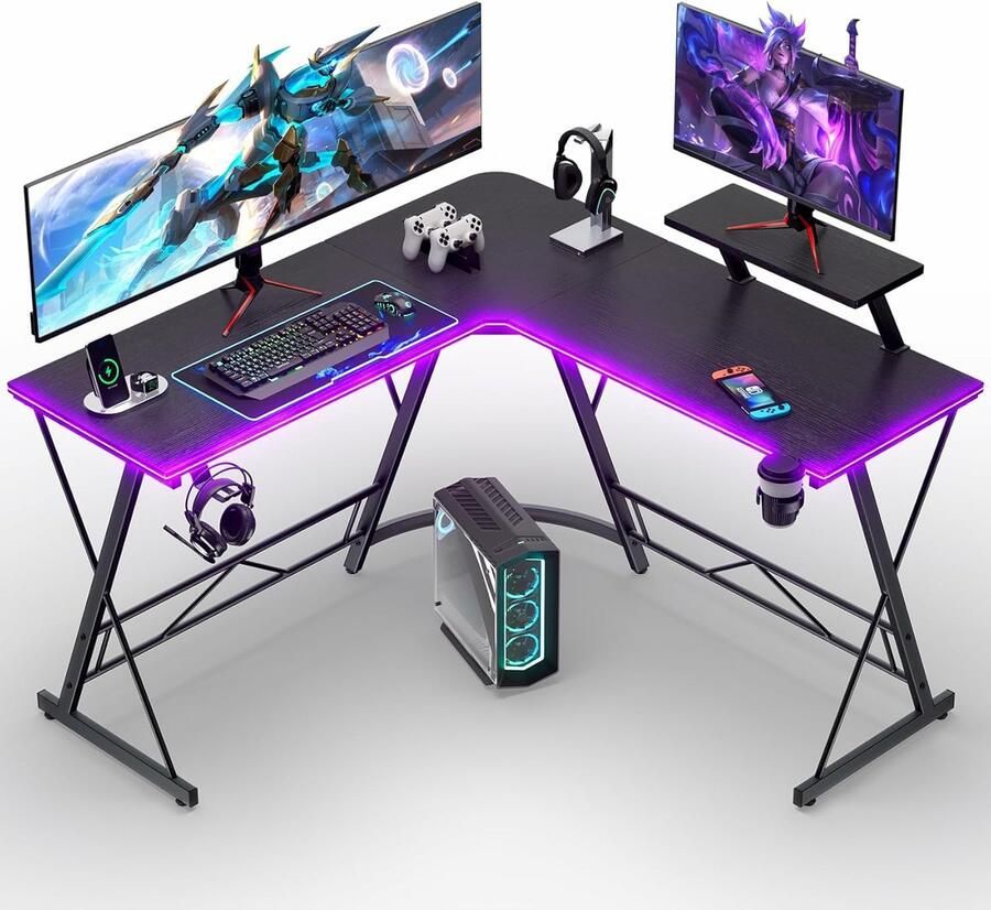 Gaming tafel L-vorm gamingbureau met led en monitorplank 129 cm hoekbureau met bekerhouder en hoofdtelefoonhaak computertafel koolstofvezel zwart