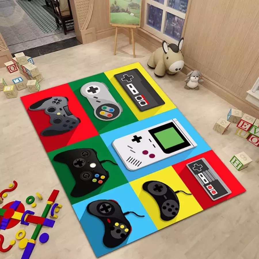Gaming Tapijt 100x150cm Game Console Design Ideaal voor de Gamekamer Kinderkamer & Woonkamer blauw geel en rood