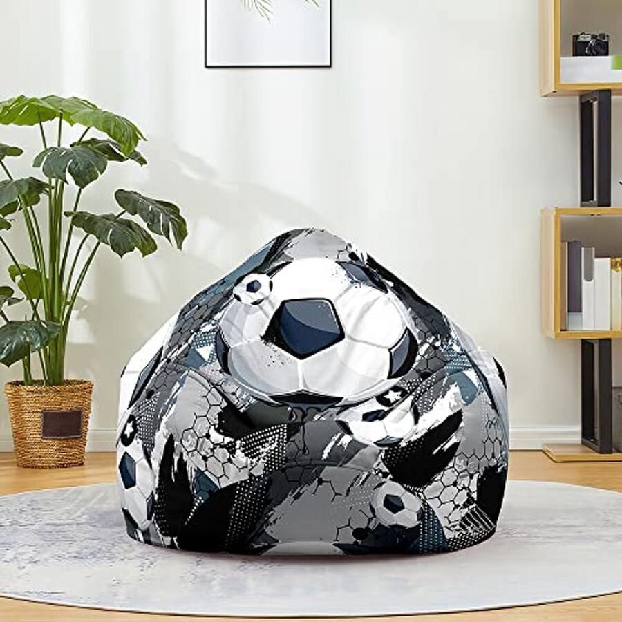 Gaming Zitzakhoes zonder vulling voor volwassenen en kinderen Hoog rug zitzakstoel met 3D voetbalprint Opberghoes voor speelgoed en kleding (100 x 120 cm)