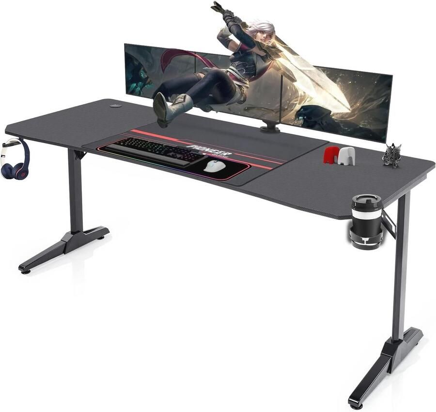 Gamingbureau 180 cm Ergonomische computertafel met bekerhouder muismat en hoofdtelefoonhouder