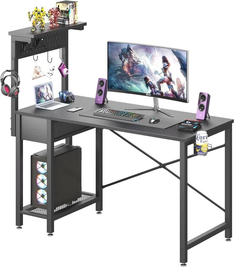 Gamingbureau met Pegboard 47 inch Omkeerbaar Computerbureau met Houten Lade en CPU-standaard PC Laptop Werkstation met Bekerhouder Hoofdtelefoonhaak en 3 S-haken