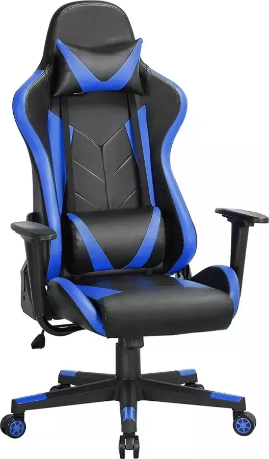 Gamingstoel bureaustoel draaistoel sportstoel managersstoel ergonomisch design met kantelfunctie in hoogte verstelbaar kunstleer racingstoel blauw