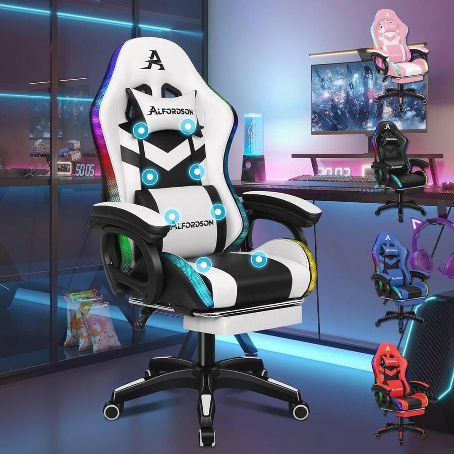 Gamingstoel met RGB-verlichting en Massagestoel Comfortabele Bureaustoel met Lendensteun en Voetensteun