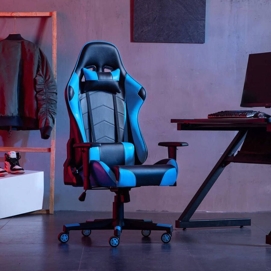 Gamingstoel racing-gamer stoel met hoofdsteun en lendensteun ergonomische computerstoel bureaustoel met hoge rugleuning draaistoel kunstleer PU sportzitting blauw