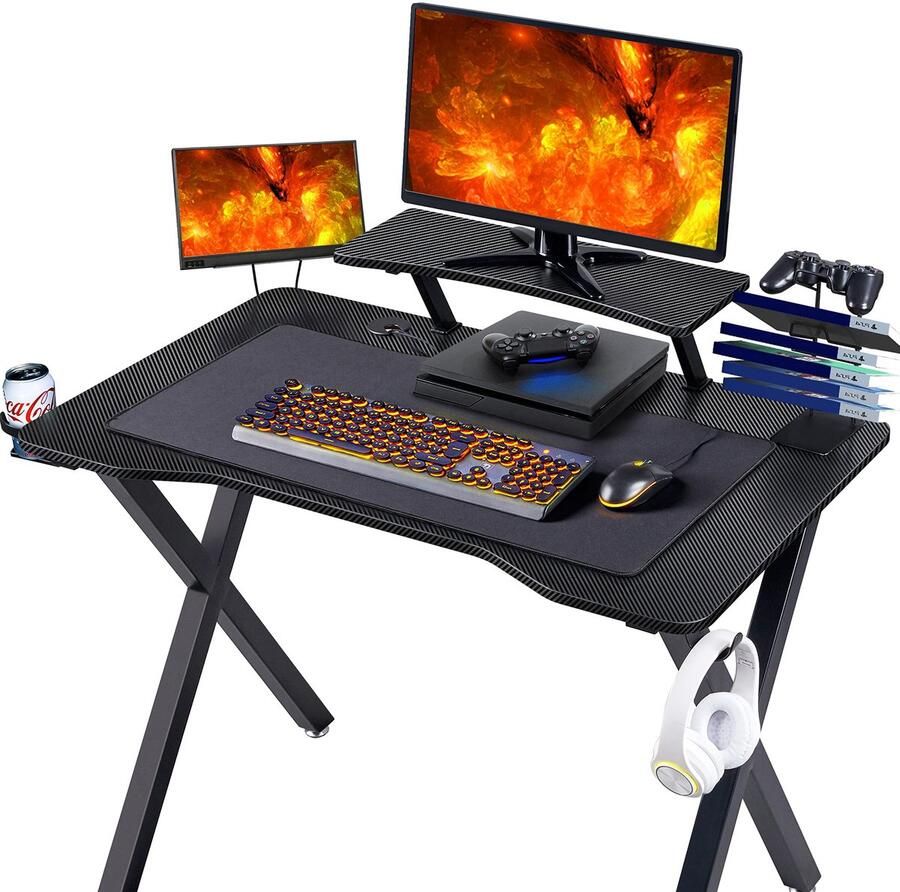 Gamingtafel 110 cm bureau gamer computertafel met bekerhouder en hoofdtelefoonhouder ergonomische pc-tafel X-vormig zwart