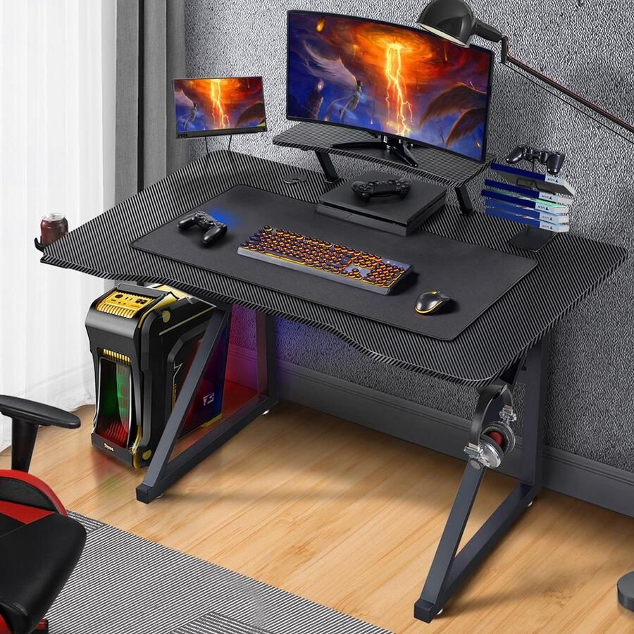 Gamingtafel 110 cm computertafel bureau ergonomische pc-tafel met bekerhouder hoofdtelefoonhouder en muismat voor thuis en op kantoor