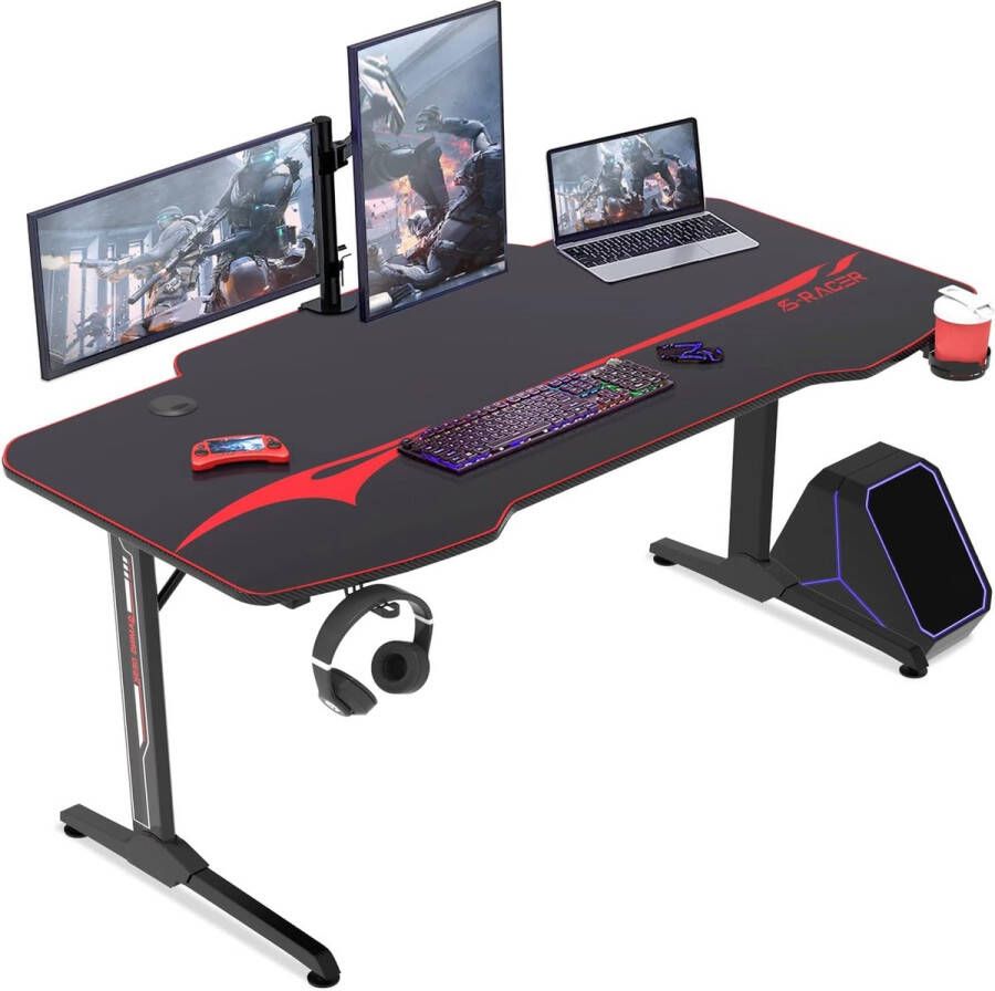 Gamingtafel 160 cm gamingbureau gamer computertafel ergonomische pc-tafel met bekerhouder en hoofdtelefoonhouder T-vormig (zwart 160 x 60 cm)