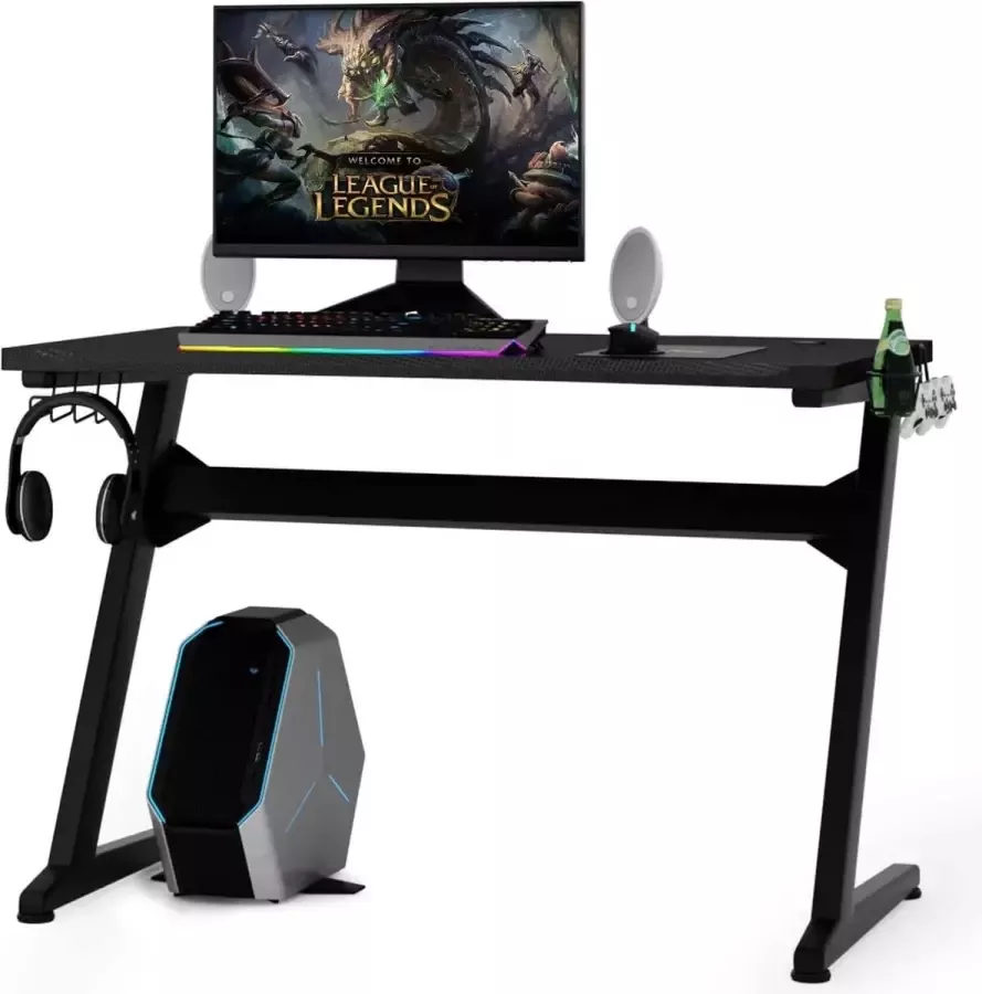 Gamingtafel ergonomisch gaming bureau met muismat 2 haken bekerhouder en hoofdtelefoonhouder bureau PC computertafel zwart