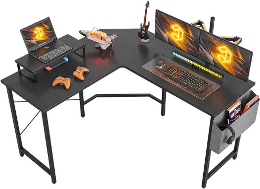Gamingtafel Hoekbureau 120 x 120 Cm Bureau Met Monitorstandaard En Zijdelingse Opbergtas Gamingbureau L-Vorm Computertafel Zwart