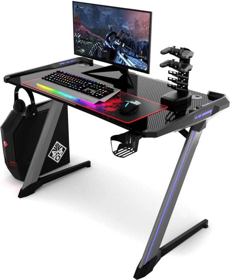 Gamingtafel met 6 RGB-lampen en 3 flitsmodi ergonomische computertafel bureau met beker- en hoofdtelefoonhouder USB-controller-houder en muisonderlegger Z-vormige poten zwart