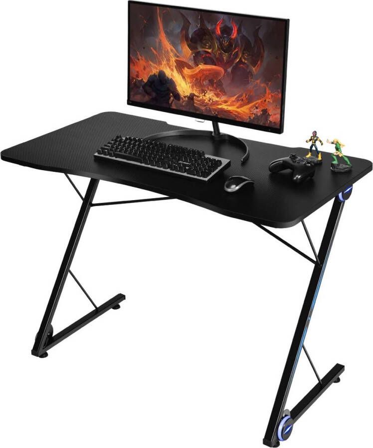Gamingtafel met ledlampen computertafel Z-vormig pc-tafel van koolstofvezels bureau voor thuis of op kantoor 110 x 60 x 78 cm zwart