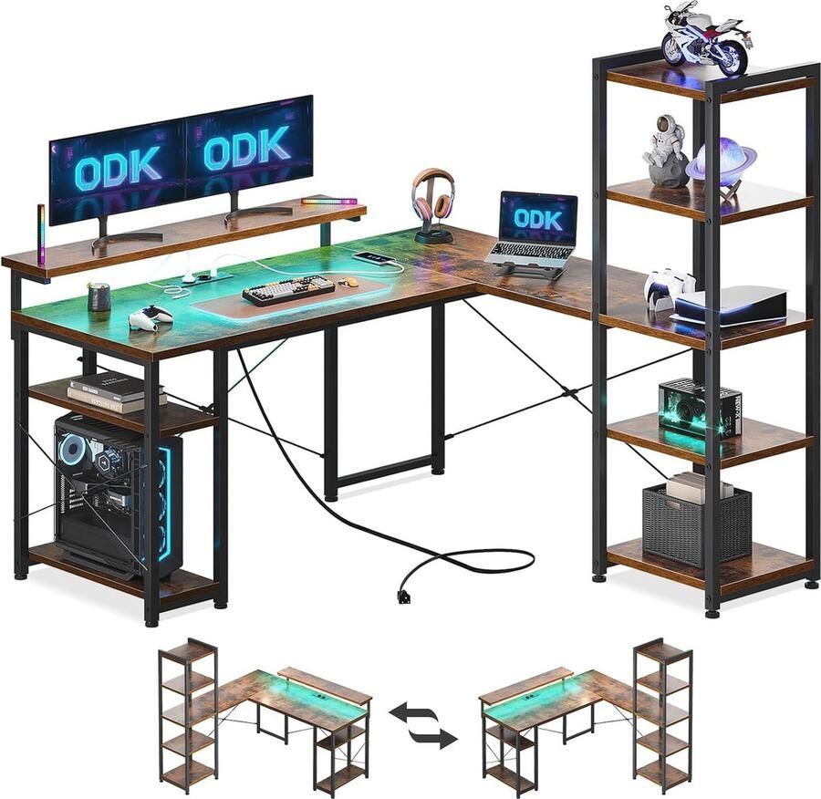 Gamingtafel met Ledlichten Omkeerbaar L-vormig Bureau met USB-oplaadaansluitingen en Stopcontacten Hoekbureau met Planken en Monitorstandaard Vintage Bruin 137 x 140 cm