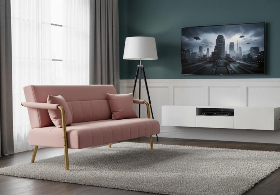 Ganeey Luxe Tweezitsbank Roze – Gestoffeerde Loveseat met Metalen Poten en Kussens – Compacte Bank voor Woonkamer & Thuiskantoor