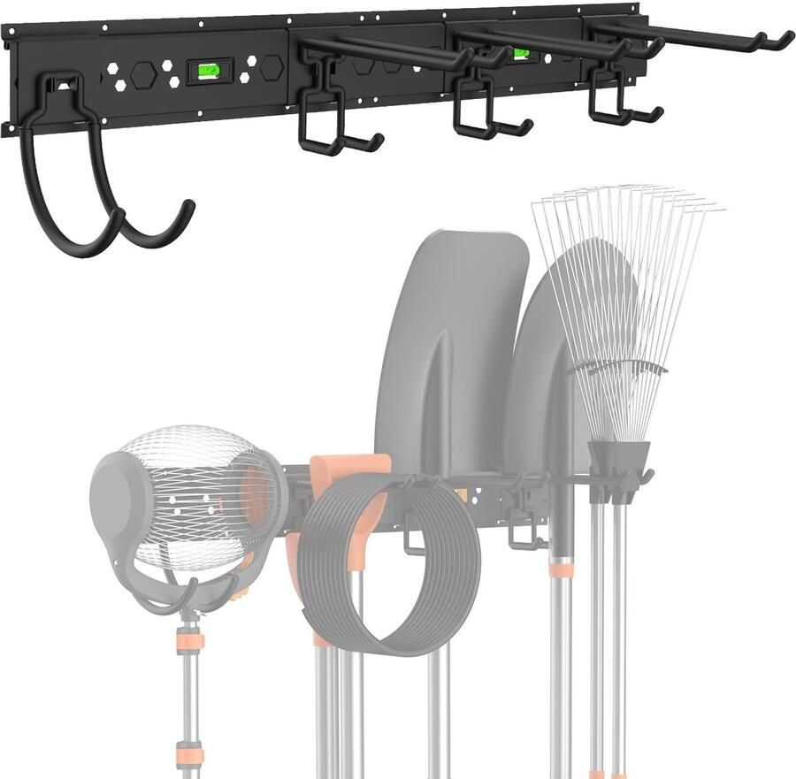 Garage Tool Management Wandplank 80cm Garage Tool Management Opbergrek met 4 Verstelbare Metalen Haken Hanger voor Ski-uitrusting Tuingereedschap Dweilen Bezems Harken Stoelen Tuingereedschap