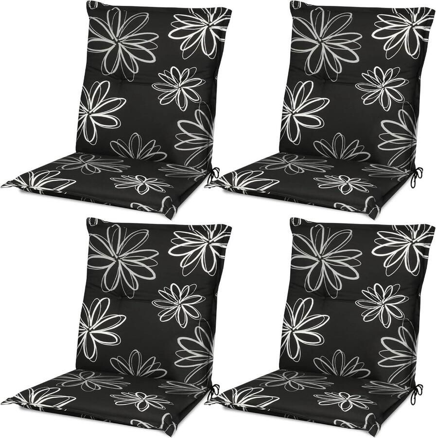 Garden Chair Seat Cushion Set of 4 Low Back Flores 100x50cm Black with Flowers UV Lightfastness