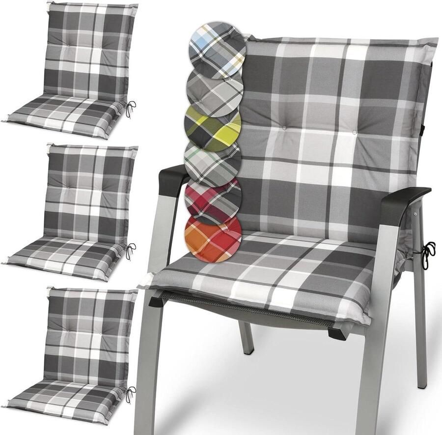 Garden Chair Seat Cushions Set of 4 with Low Back 100 x 50 cm Comfortable and UV Lightfast in Blue Checkered