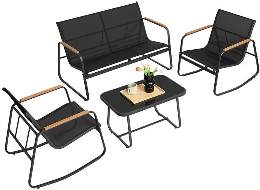 Garden Furniture Set Bench & 2 schommelstoelen Buitentafel Duurzame synthetische vezels 73x60.8x76cm Zwart