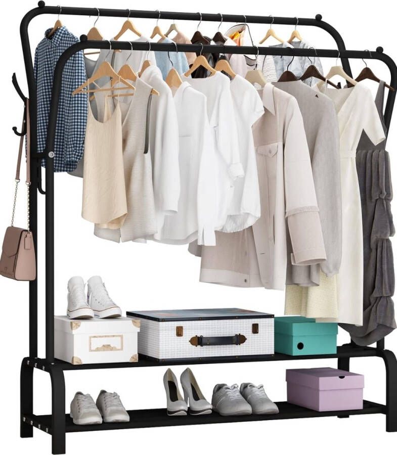 Garderobe dubbel Kledingrek Dubbel schoenenrek Metalen Frame Voor hal Entree Kamer Industrieel design Zwart Stenberi