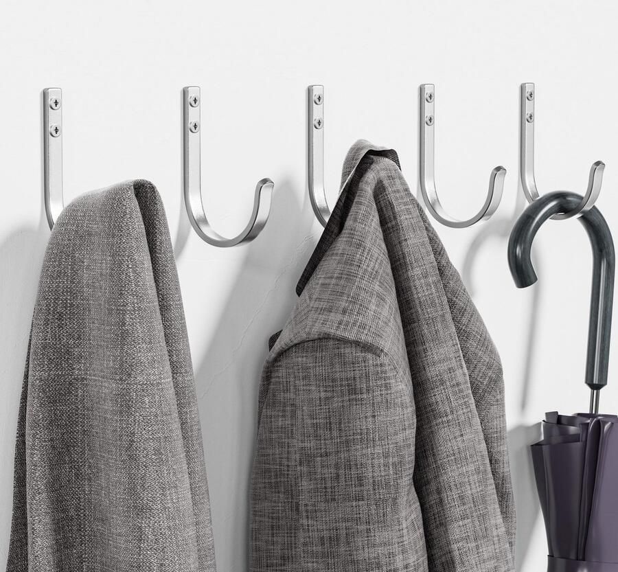 Garderobe- en Handdoekhaken Set voor Wandmontage 5 Stuks in Zilver met Schroeven