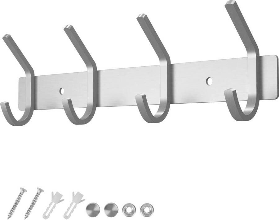 Garderobe haken 4 haken garderobe frame geborsteld roestvrij staal voor jassen Jurken draagvermogen tot 20 kg haak frame voor hal en vestibule 27 cm (Zilver 1 stuk)