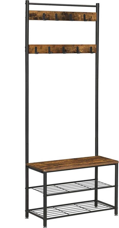 Garderobe kapstok met schoenendragers industrieel ontwerp schoenendrager met zitje voor de hal met haken 3 schappen gemaakt van hout en metaal vintage donkerbruine HSR41BX