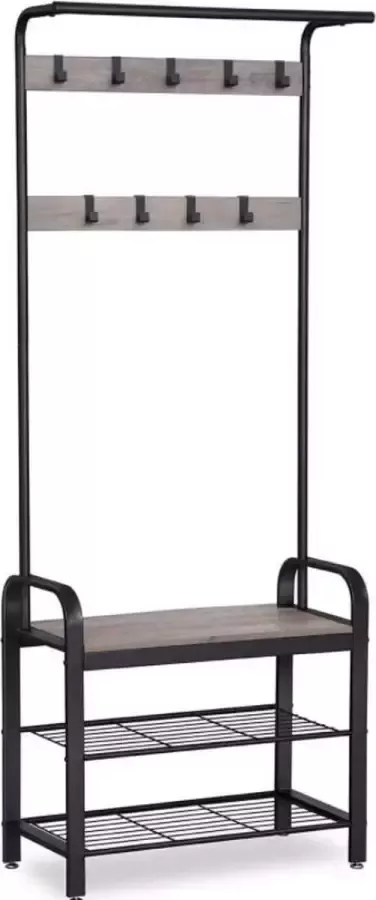 Garderobe kapstok schoenenrek met zitting kapstok met 9 afneembare haken bankje 2 rasterplanken 183 cm hoog industrieel ontwerp grijs-zwart HSR40MB