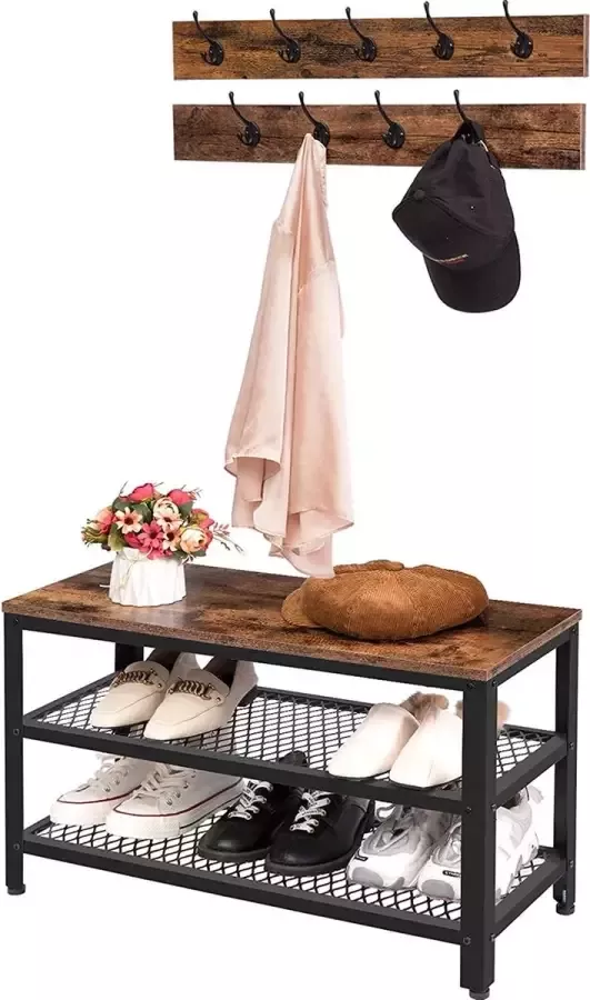 Kapstok schoenenrek set garderobe met schoenbank schoenenrek met zitting kledingrek met 9 haken - Foto 2