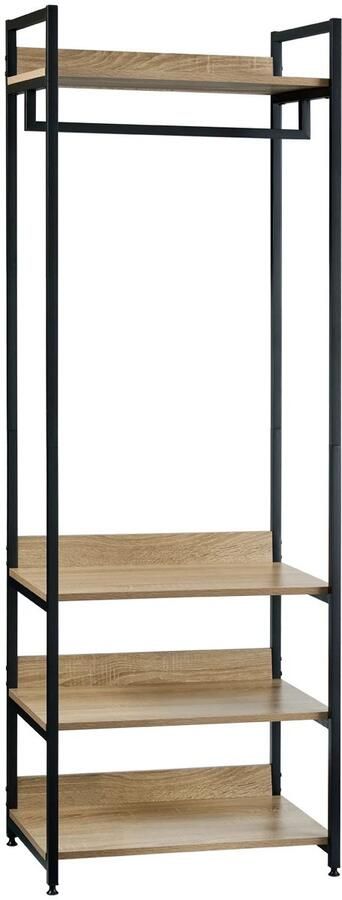 Garderobe Kledingrek met 3 Planken – Kapstok Kast – Licht Eiken en Zwart Wit – Kledinghanger met Schoenenrek – 56x36x170 cm – E1 Hout en Staal – Voor Hal Slaapkamer Kantoor – 25 kg Draagkracht – Compact en Stabiel