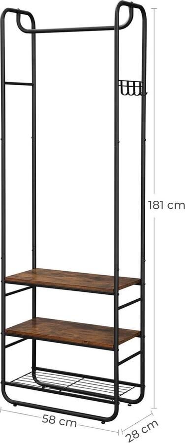 Garderobe kledingstandaard met schoenenrek hal slaapkamer 58 x 28 x 181 cm industrieel design vintage bruin-zwart