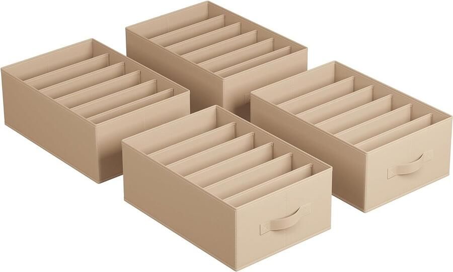 Garderobe Organiser Set van 4 Opbergdozen 6 Compartimenten Lade Organiser Systeem Opvouwbaar 42 x 30 x 17 cm voor Broeken Kleding Zand Beige