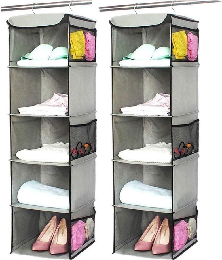 Garderobe organizer set van 2 hangende houder met 5 compartimenten en 6 zijvakken van gaas Grijs 30 x 30 x 108 cm