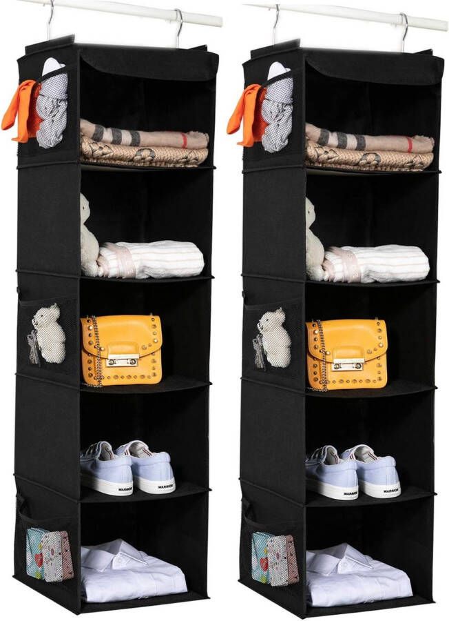 Garderobe organizer set van 2 hangende houder met 5 compartimenten met 6 zijvakken van gaas voor kleding met 2 haken Garderobe-organizer 30 x 30 x 108 cm Zwart