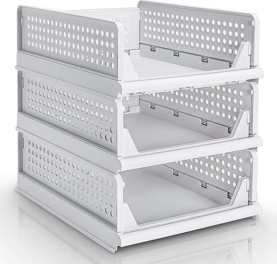 Garderobe-organizer Stapelbaar Kledingopbergdoos Uittrekbare ladeverdelers Opvouwbare plastic manden Thuiskantoor slaapkamer Beige Herbruikbaar 43x33x14cm