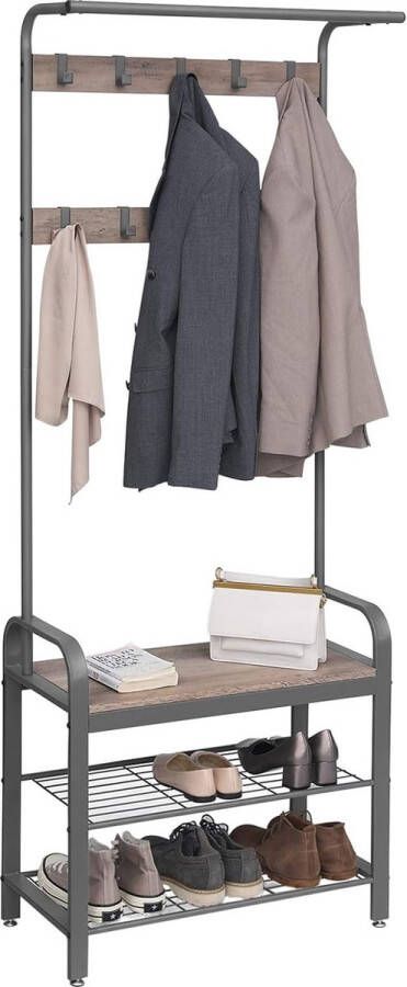 Garderobe schoenenrek met zitvlak kledingrek met 9 afneembare haken zitbank 2 roosterplanken 183 cm hoog industrieel design Groot-grijs