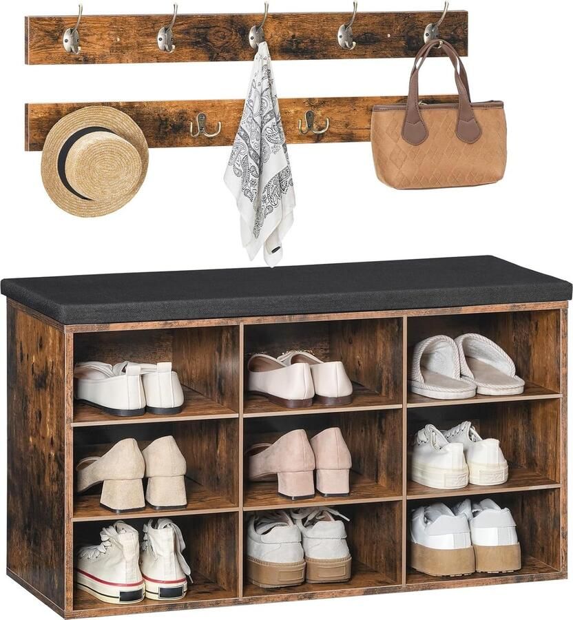 Garderobe schoenenrek set schoenenbank met 9 vakken schoenenrek met gevoerde zitbank wandgarderobe met 9 haken schoenenkast voor hal entree slaapkamer vintage bruin EBF89HX01