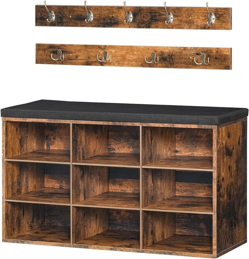 Garderobe schoenenrek set schoenenbank met 9 vakken vintage bruin