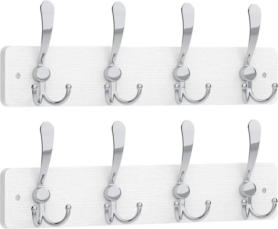 Garderobehaken 2 stuks in één pakket kapstok met 8 drievoudige haken zilver hout wandgarderobe voor jassen hoeden tassen voor hal badkamer wit
