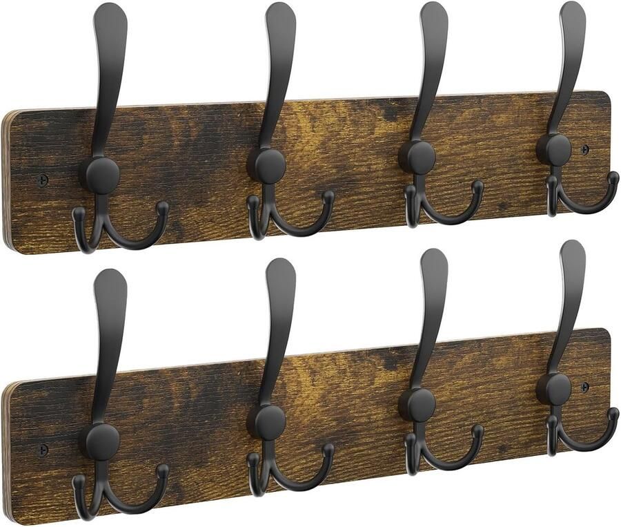Garderobehaken 2 stuks in één pakket kapstok met 8 drievoudige haken zwart hout wandgarderobe voor jassen hoeden tassen voor hal badkamer rustiek bruin