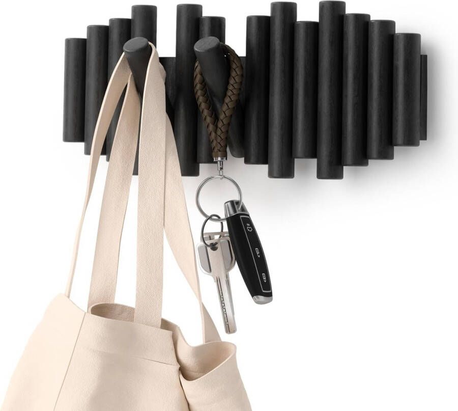 Garderobehaken kapstok en moderne wanddecoratie met 5 klaphaken van geslepen grenenhout zwart