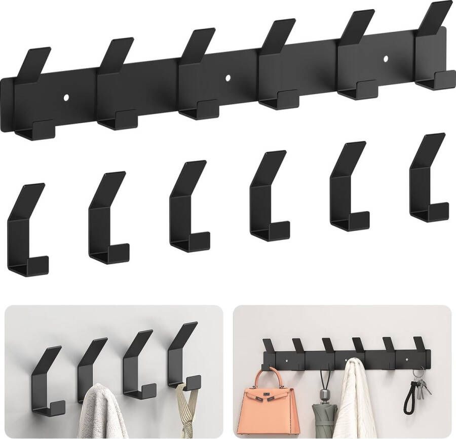 Garderobehaken kledinghaken muur met 6 haken haaklijst zwart roestvrij staal garderobelijst wandgarderobe voor badkamer keuken woonkamer en hal 1 lange haak + 6 afzonderlijke haken
