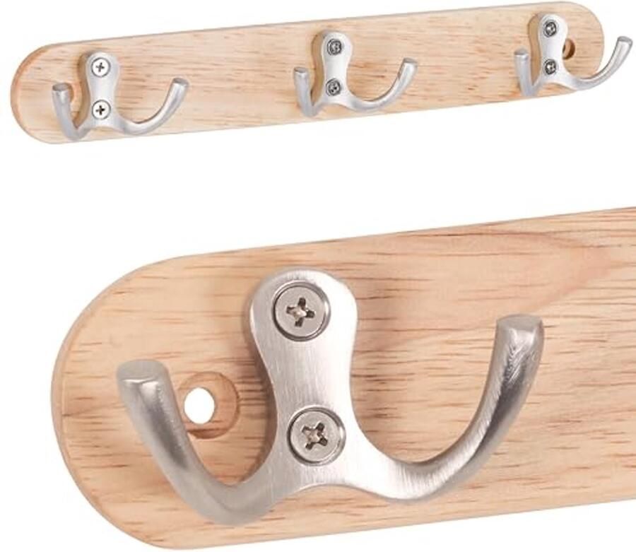 Garderobehaken met 3 Haken van Hout en RVS 27 cm Wandgarderobe
