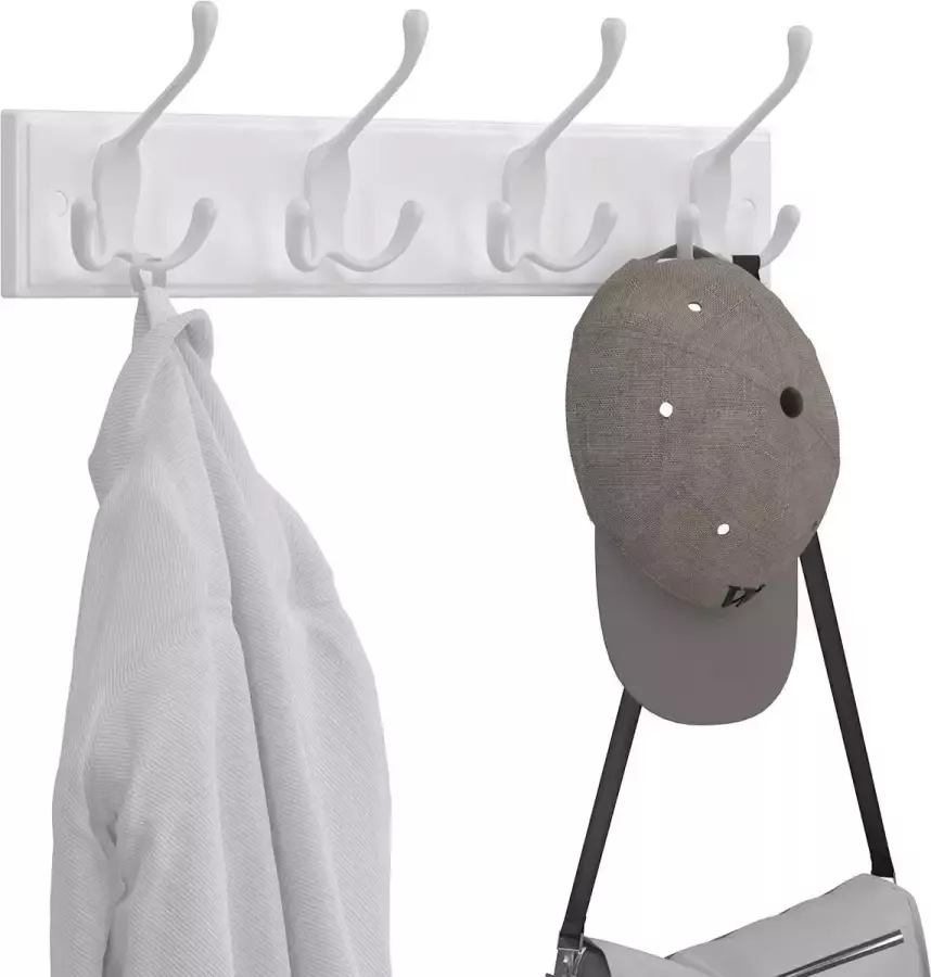 Garderobehaken met 4 drievoudige haken van metaal wandgarderobe haaklijst voor tassen mantels voor hal woonkamer slaapkamer wit
