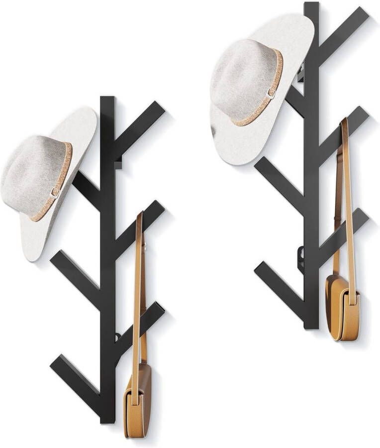 Garderobehaken metaal kledinghaken 2-delige set 41 cm verticale garderobelijst met 6 haken garderobehaken voor het ophangen van jassen mantels hoeden sjaals en handtassen (zwart)