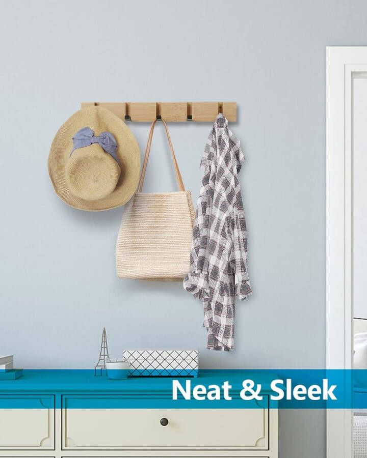 Garderobehaken muur modern houten kapstok opvouwbare kledinghaak bamboe met 5 beweegbare haken voor jassen mantels sjaals handtassen en meer natuur
