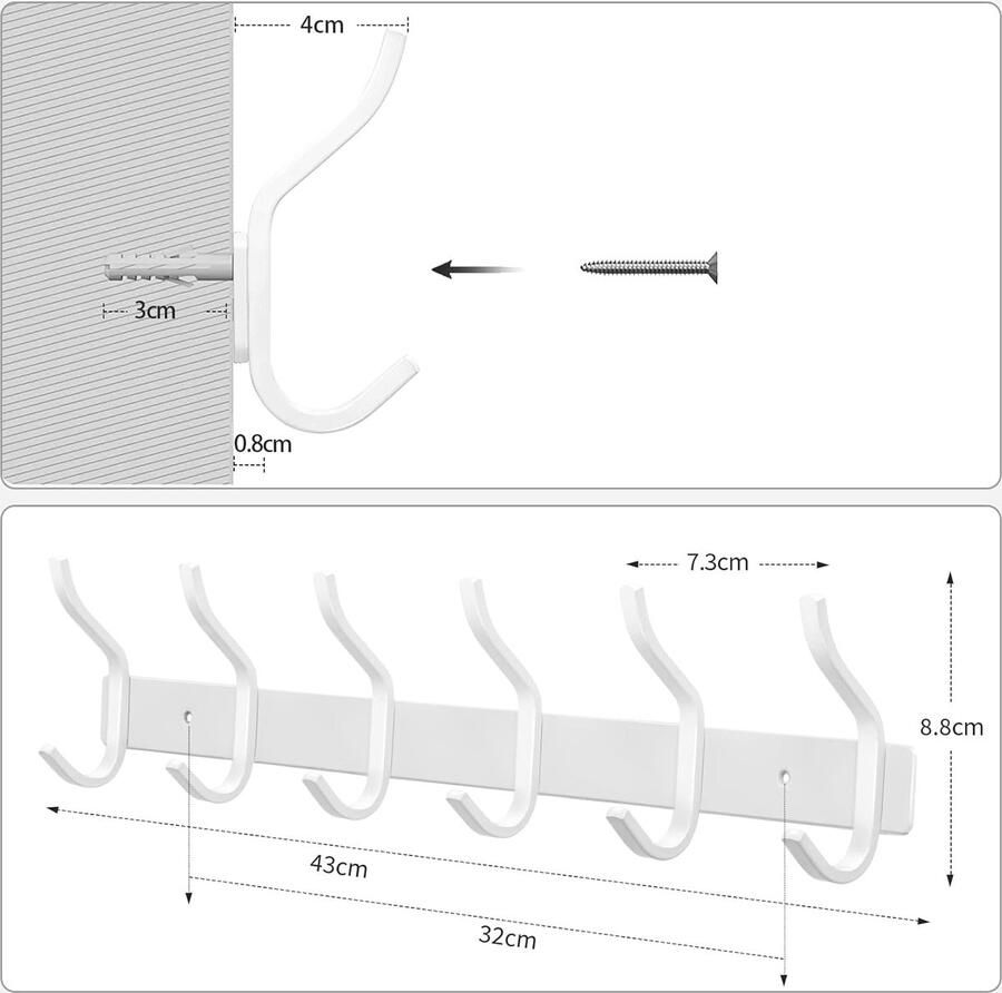 Garderobehaken roestvrij staal haaklijst kledinghaken muur met 6 haken garderobelijst wandgarderobe voor slaapkamer badkamer keuken (wit 6 haken)